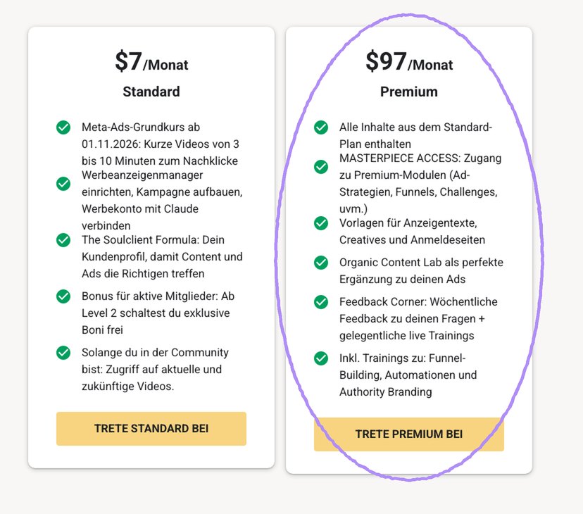Planauswahl auf Skool: Standard und Premium nebeneinander, die Premium-Stufe ist eingekreist