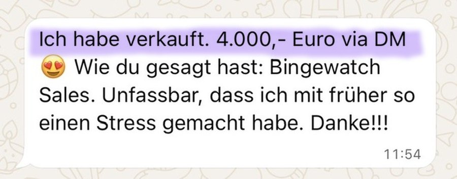 Nachricht einer Kundin: 4.000 Euro per DM verkauft