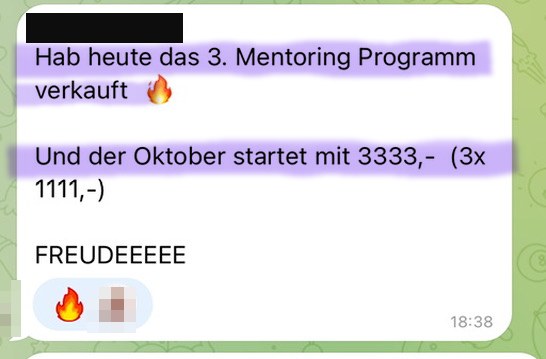 Nachricht einer Kundin: das 3. Mentoring-Programm verkauft