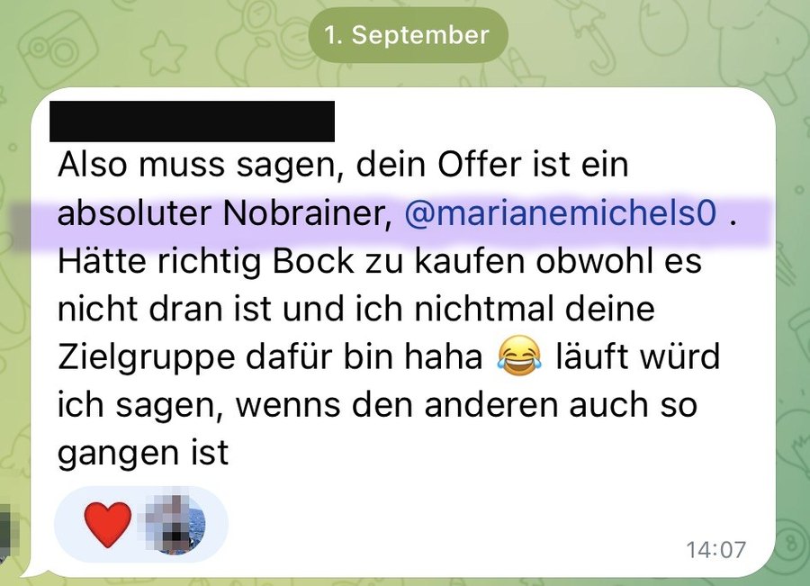 Nachricht einer Kundin: Dein Offer ist ein absoluter No-Brainer