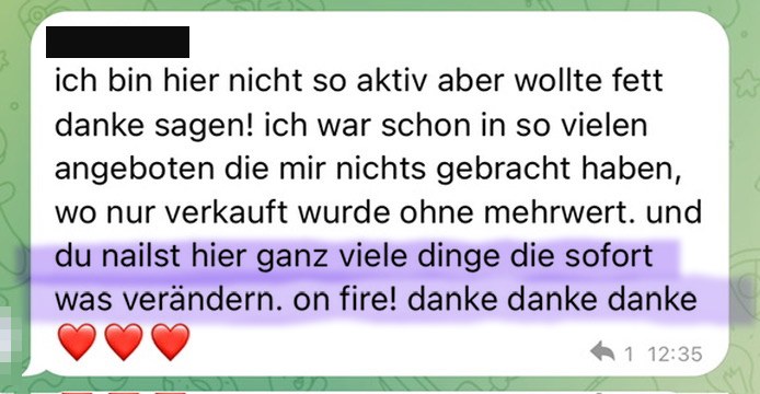 Nachricht einer Kundin: Du nailst hier ganz viele Dinge, die sofort was verändern