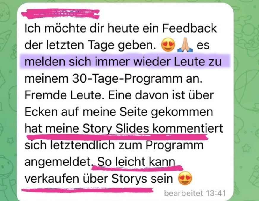 Nachricht einer Kundin: Anmeldungen zum 30-Tage-Programm über ihre Story Slides